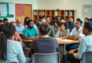Community members engaged in discussion during a meeting regarding educator issues.