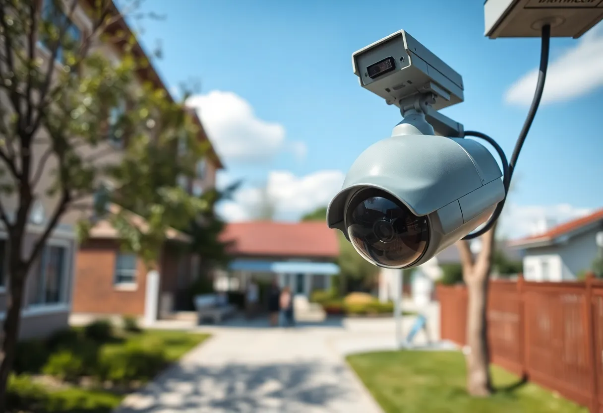 Surveillance camera in a public area promoting community safety