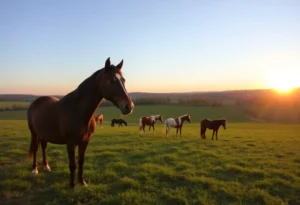Countryside sunset with farm and horses representing community spirit