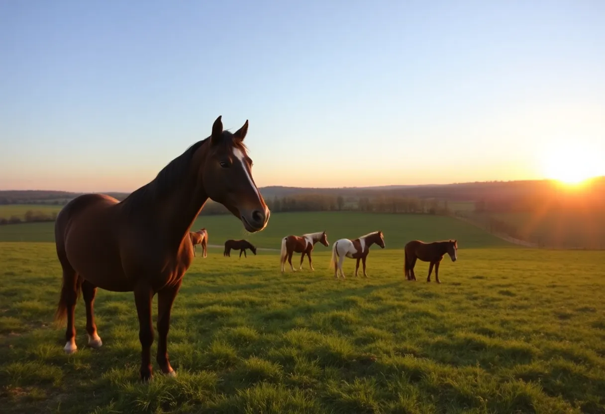 Countryside sunset with farm and horses representing community spirit