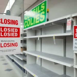 Exterior view of a Conn's HomePlus store with closing sale signs
