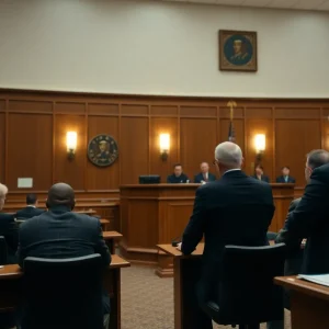 A courtroom during the trial of a double murder case