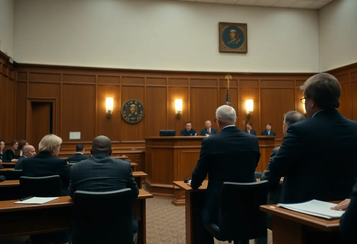 A courtroom during the trial of a double murder case