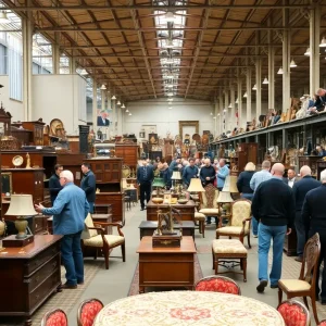 Scene from the Creamer Furniture Auction showcasing various furniture and bidders in a large warehouse.