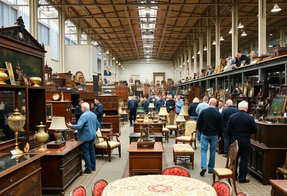 Scene from the Creamer Furniture Auction showcasing various furniture and bidders in a large warehouse.