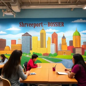 Mural of the Shreveport-Bossier skyline at the Davis Family Business Engagement Center
