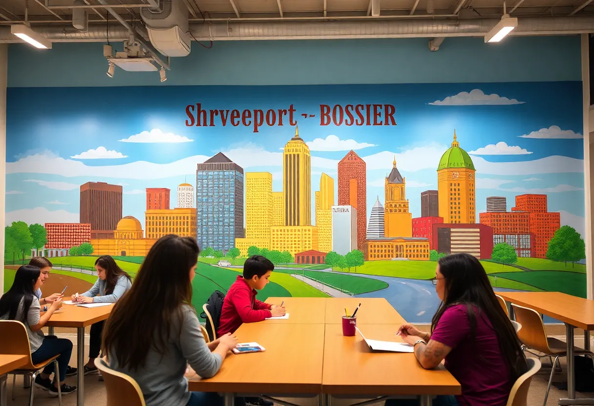Mural of the Shreveport-Bossier skyline at the Davis Family Business Engagement Center