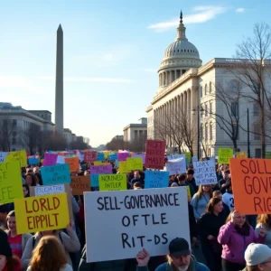 Crowd marching in Washington D.C. protesting federal policing policies