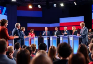 Diverse speakers on a debate stage with an engaged audience