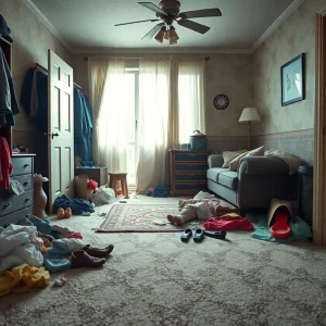 Unsafe living conditions with scattered clothes and trash