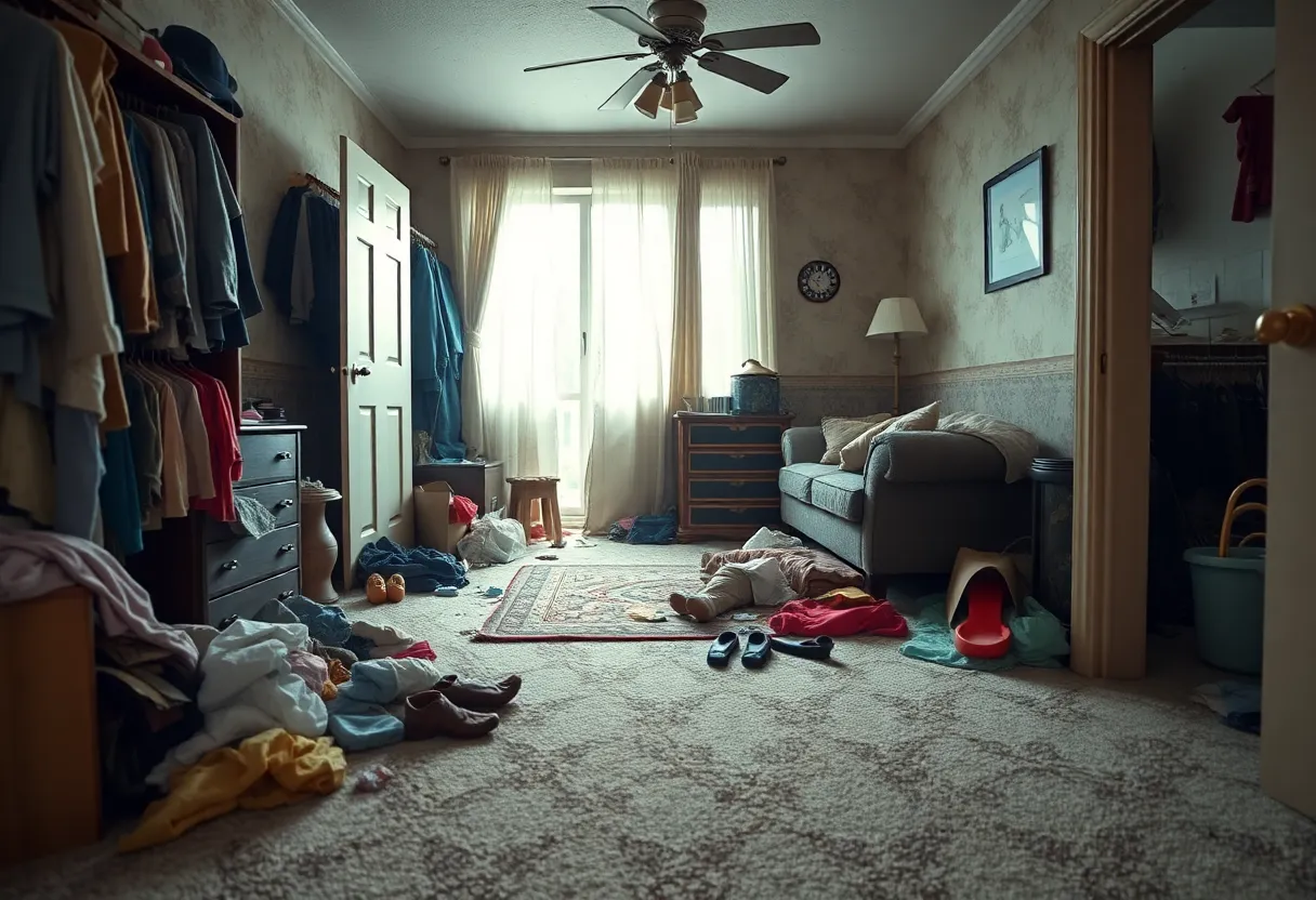 Unsafe living conditions with scattered clothes and trash