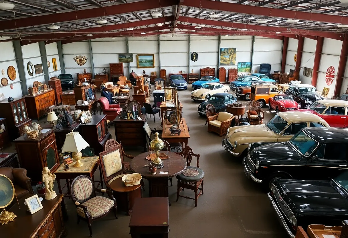 Diverse items at a Shreveport estate auction including antiques and furniture.