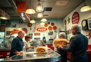 Interior of Fertitta's Delicatessen with family members serving customers and displaying historical memorabilia.