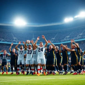 Players celebrating after a touchdown during a football game.