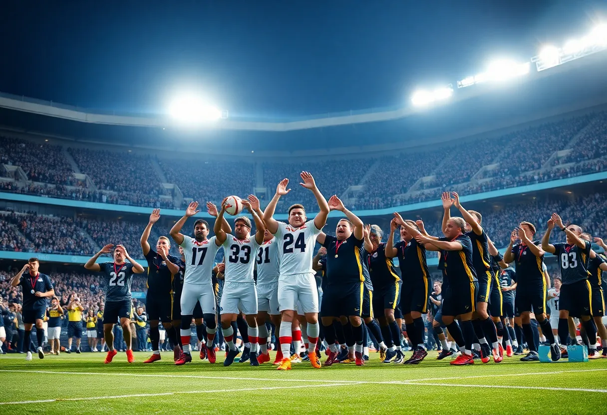 Players celebrating after a touchdown during a football game.