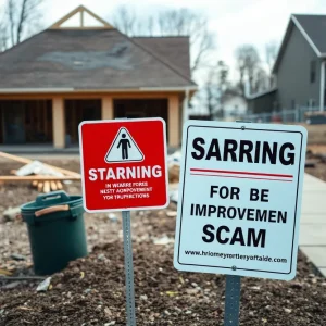 Warning about home improvement scams at a construction site