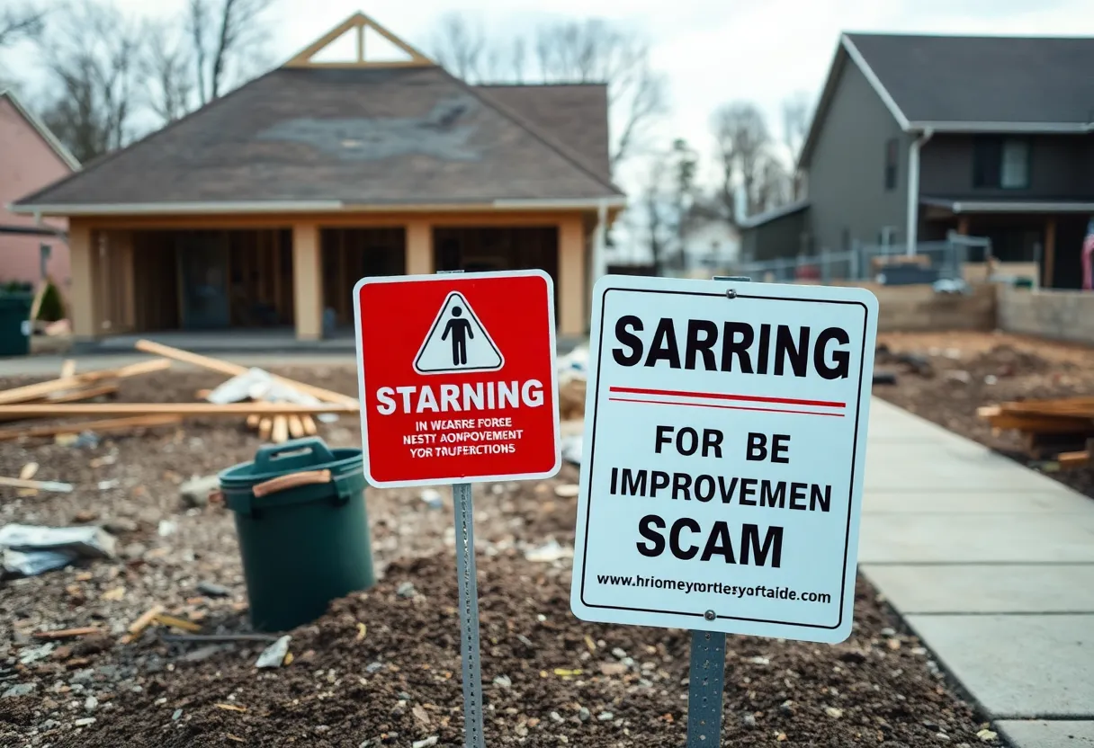 Warning about home improvement scams at a construction site