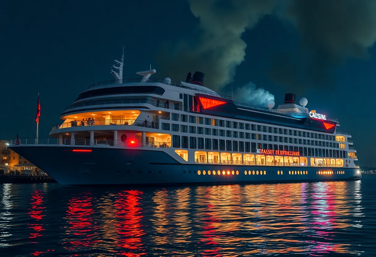 Exterior view of Horseshoe Bossier City casino boat with emergency response during electrical fire.