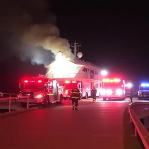 Firefighters extinguishing an electrical fire at Horseshoe Casino Boat