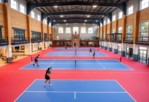 Interior view of an indoor pickleball facility with courts.