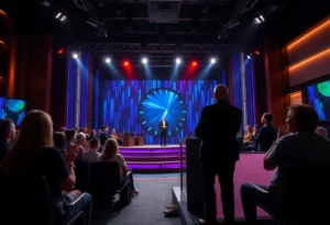 Set of a late-night television show with audience excitement