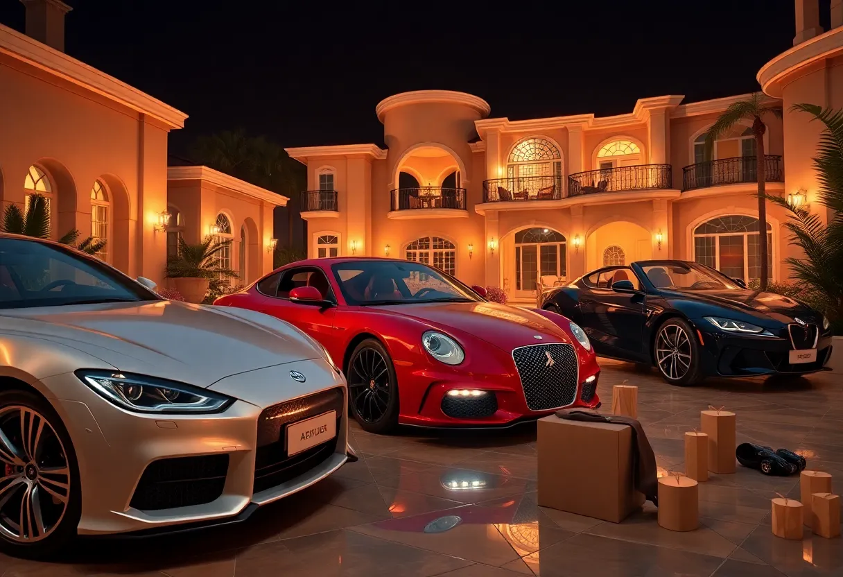 A collage depicting luxury cars and lavish items associated with Medicaid fraud.