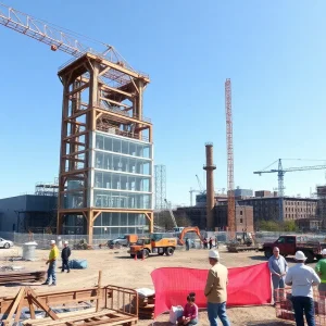 Construction site for revitalizing the former Libbey Glass manufacturing plant in Shreveport.