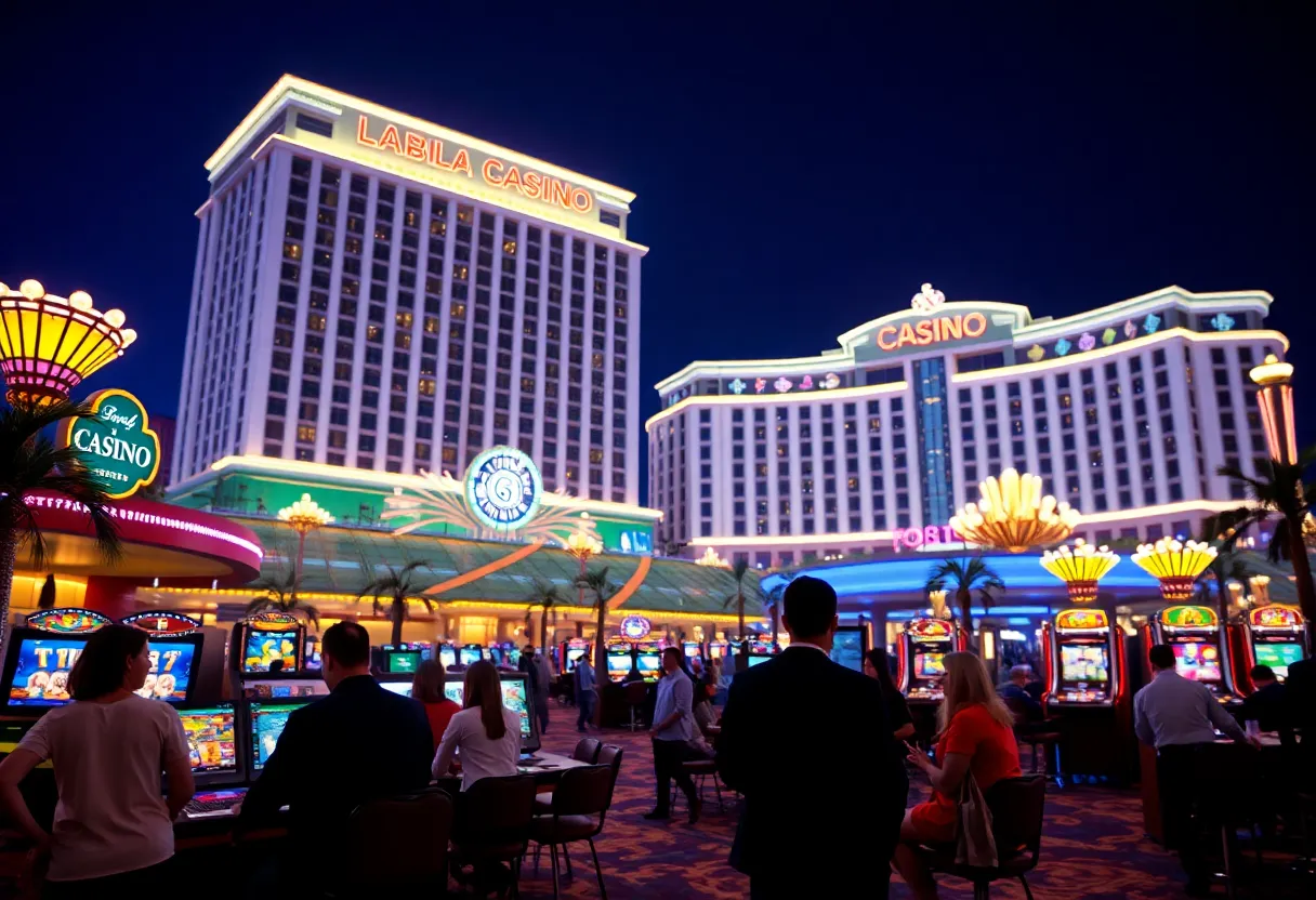 Exterior view of Live! Casino & Hotel Louisiana with vibrant lights and crowds