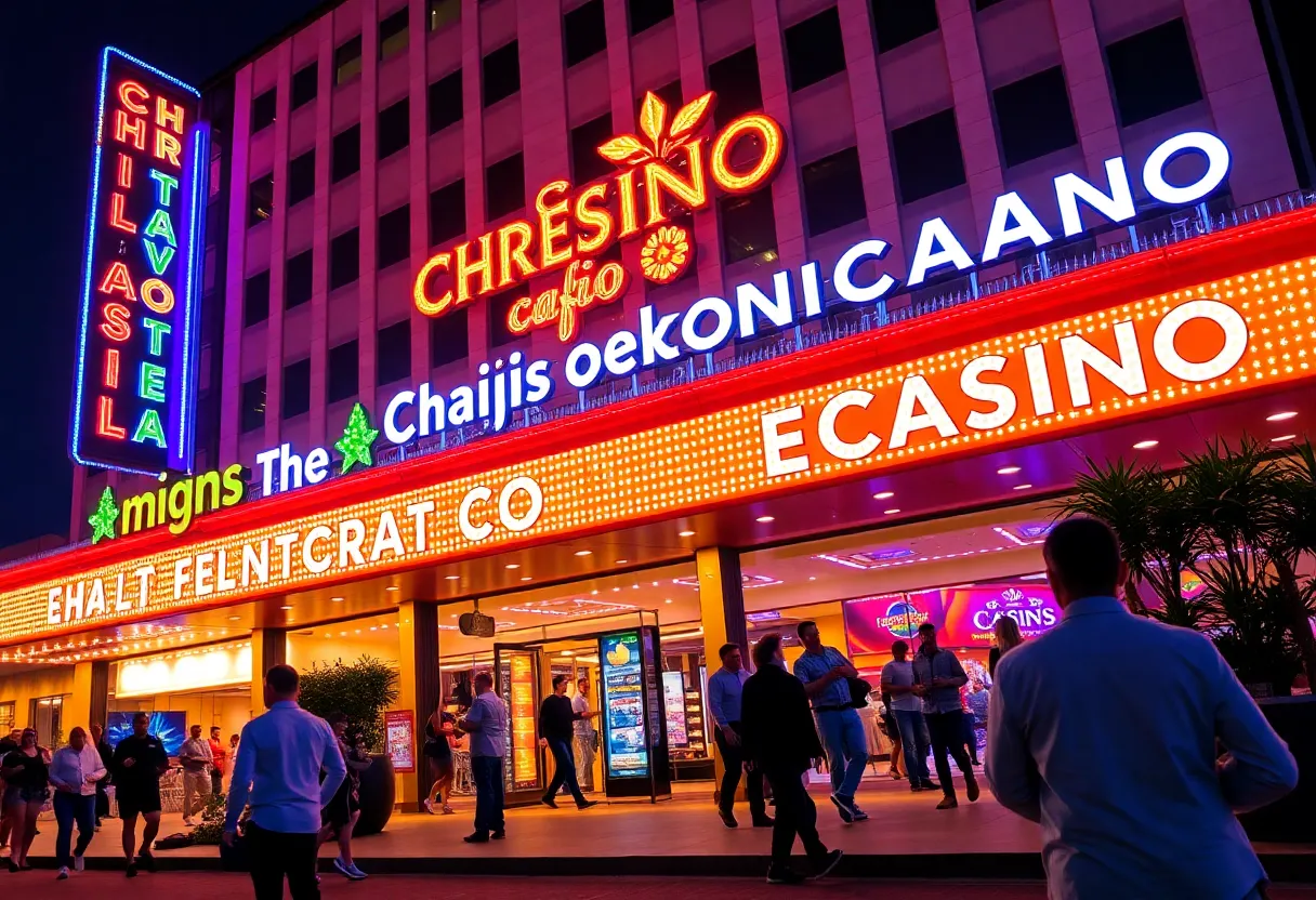 Exterior view of Live! Casino & Hotel Louisiana with colorful lights at night