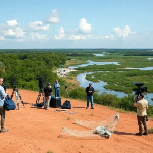 Film crew working on a set in Louisiana