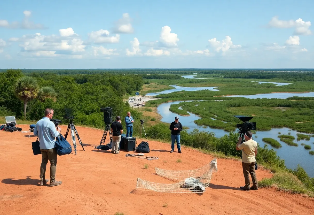 Film crew working on a set in Louisiana