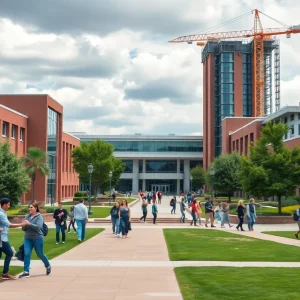 Students on LSU campus with construction in the background