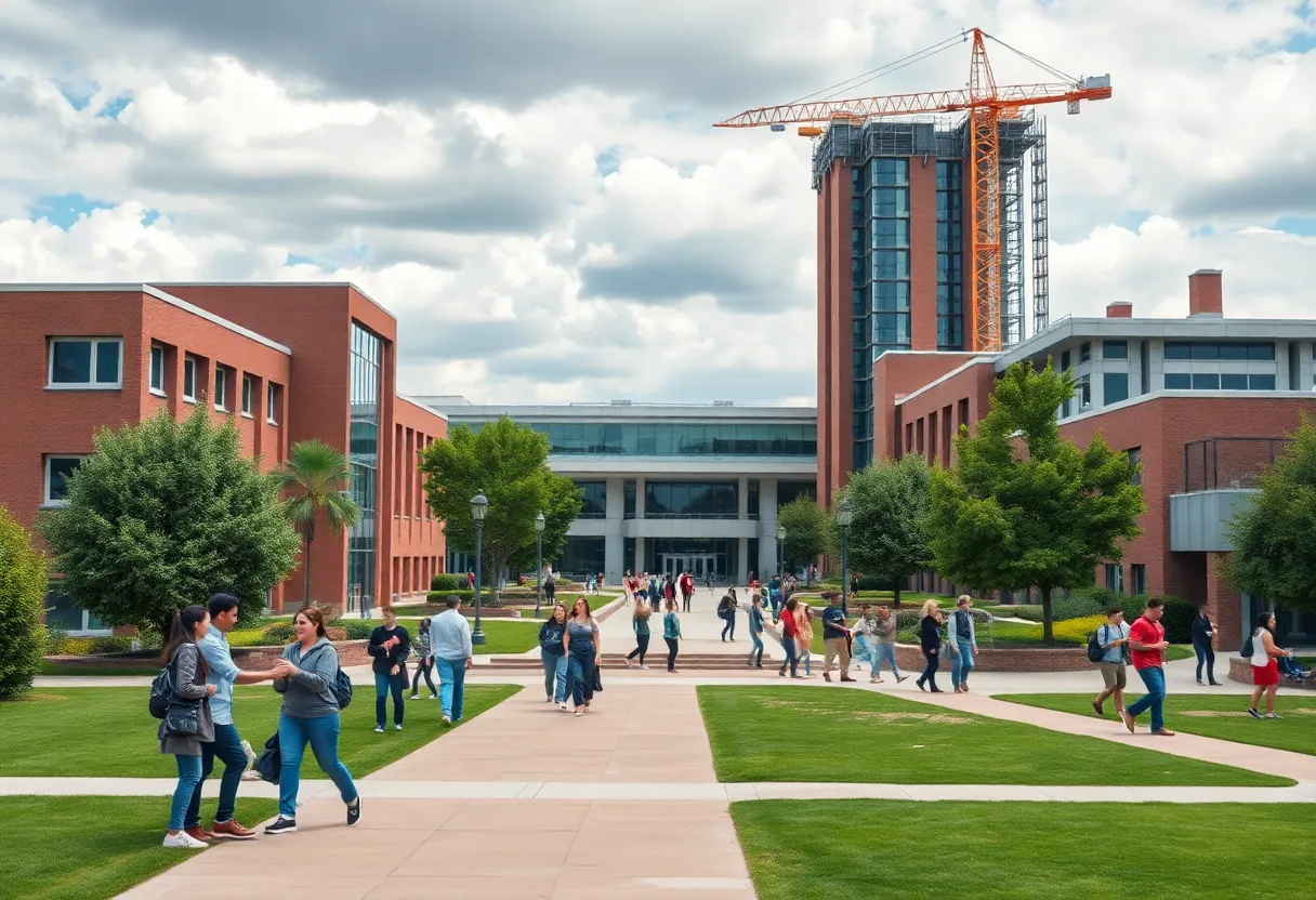Students on LSU campus with construction in the background
