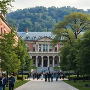 Students walking on a university campus with historic buildings