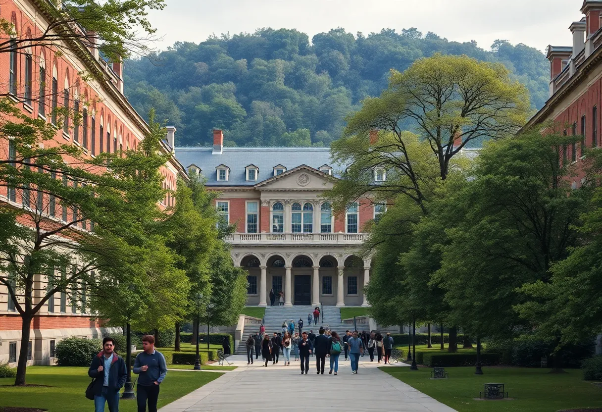 Students walking on a university campus with historic buildings