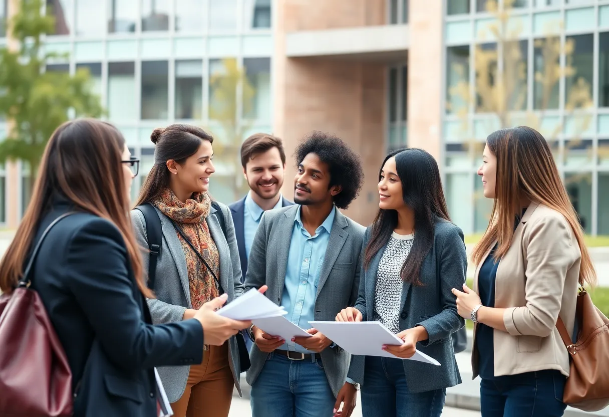 Students engaged in discussions in a business college environment at LSU.