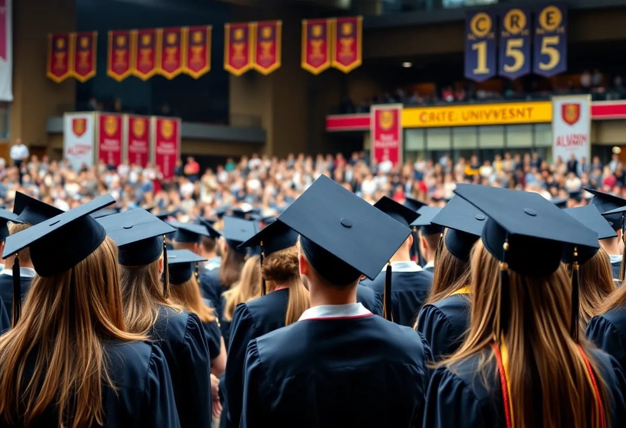 Graduation ceremony at LSU with graduates in caps and gowns
