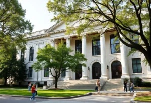 Exterior view of LSU Law School with students