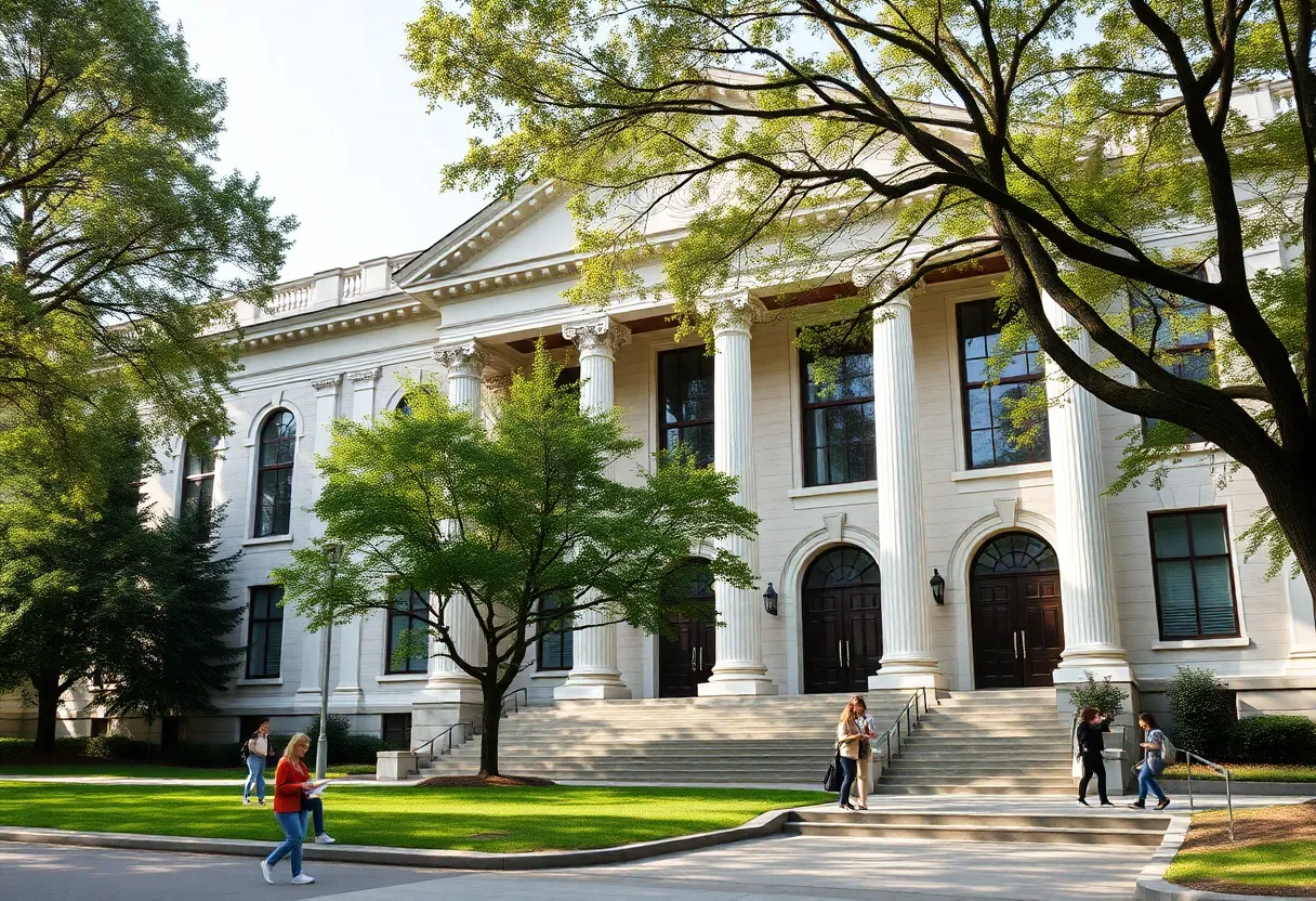 Exterior view of LSU Law School with students
