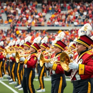 LSU Tiger Marching Band performing at a football game.