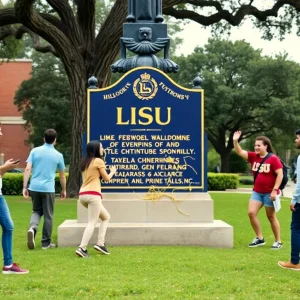 Students at Louisiana State University participating in a light-hearted prank at a prominent landmark.
