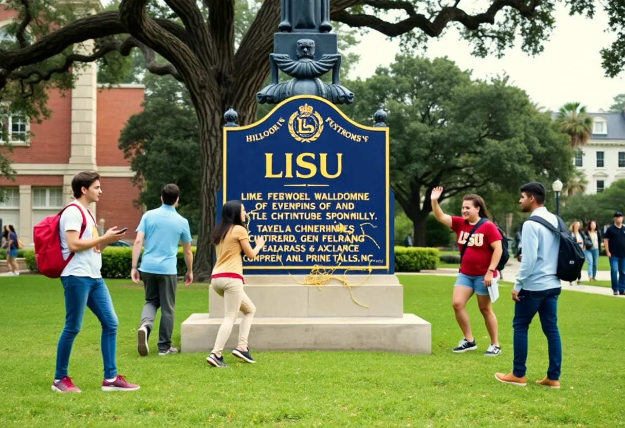 Students at Louisiana State University participating in a light-hearted prank at a prominent landmark.