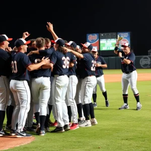 LSU Shreveport Pilots baseball team celebrating their championship win on the field.