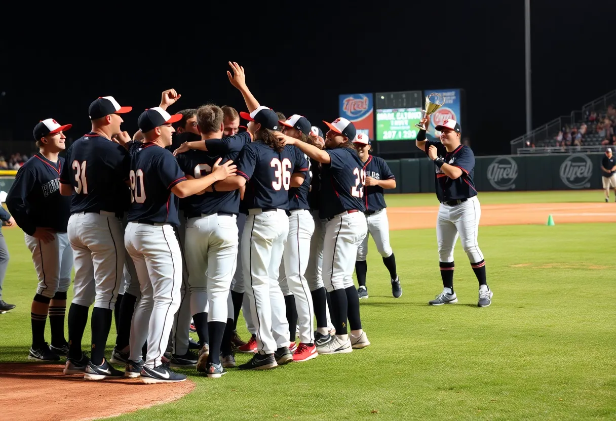 LSU Shreveport Pilots baseball team celebrating their championship win on the field.