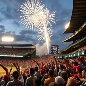 Crowd celebrating LSU Shreveport Pilots baseball team championship win