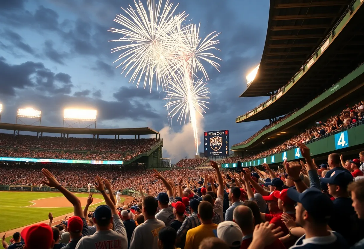 Crowd celebrating LSU Shreveport Pilots baseball team championship win