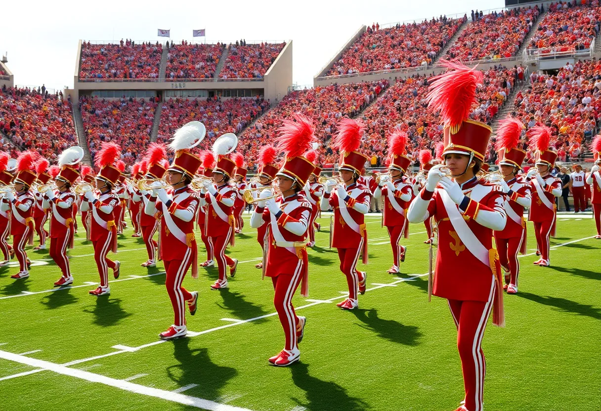 Marching band performing at a college football game