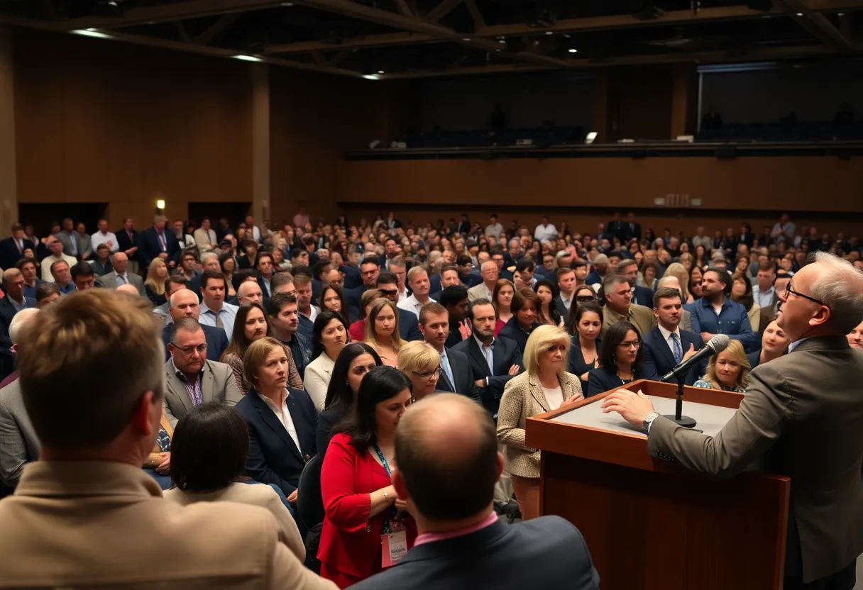 House Speaker Mike Johnson speaking during a Q&A session in Bossier City, LA