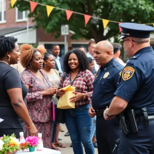 Residents interacting with police officers during National Night Out in Shreveport.