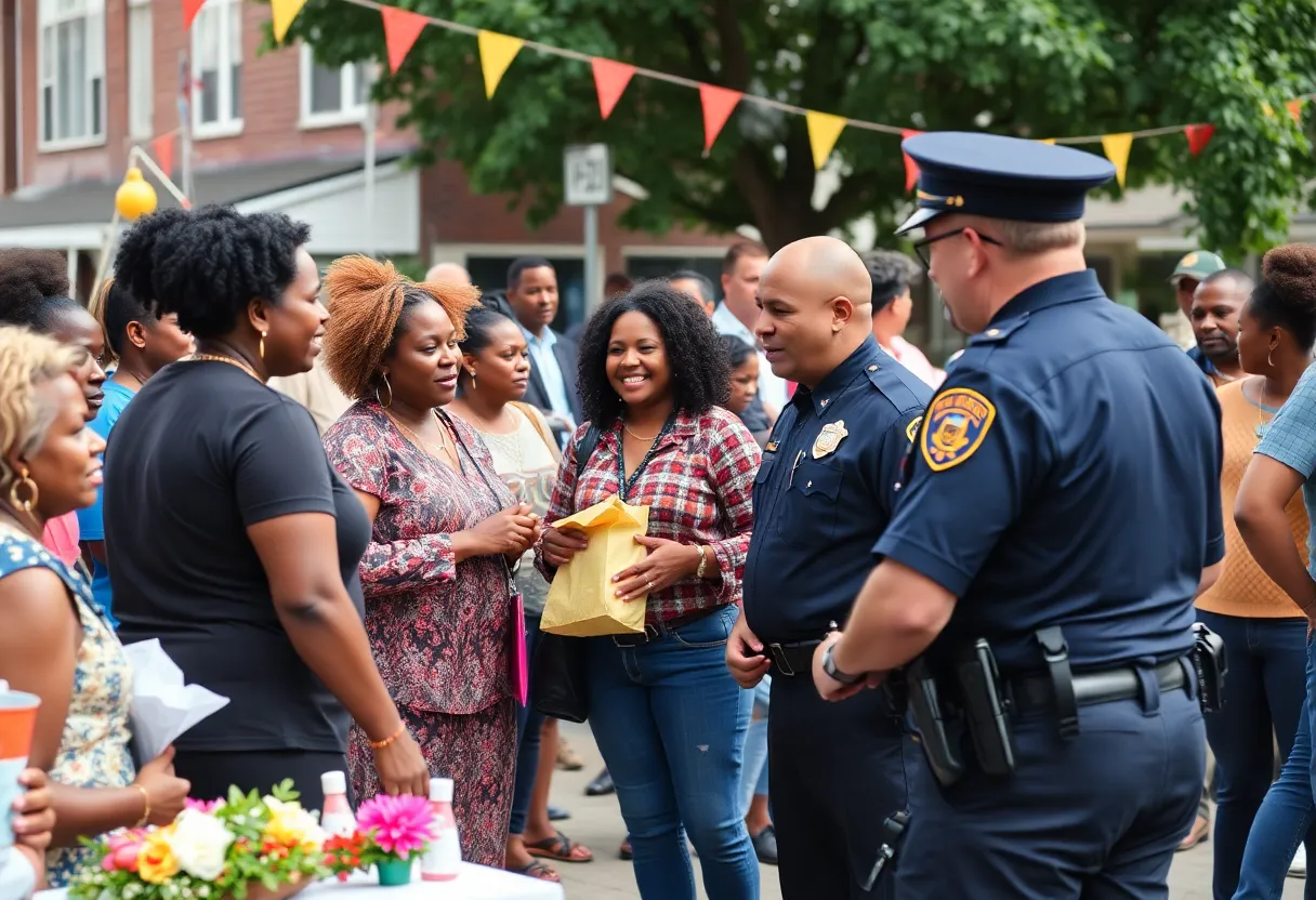 Residents interacting with police officers during National Night Out in Shreveport.